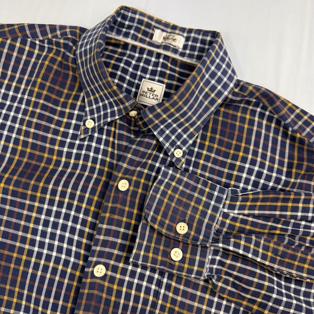 PETER MILLAR Navy Blue Check Long Sleeve Button Up Cotton Large